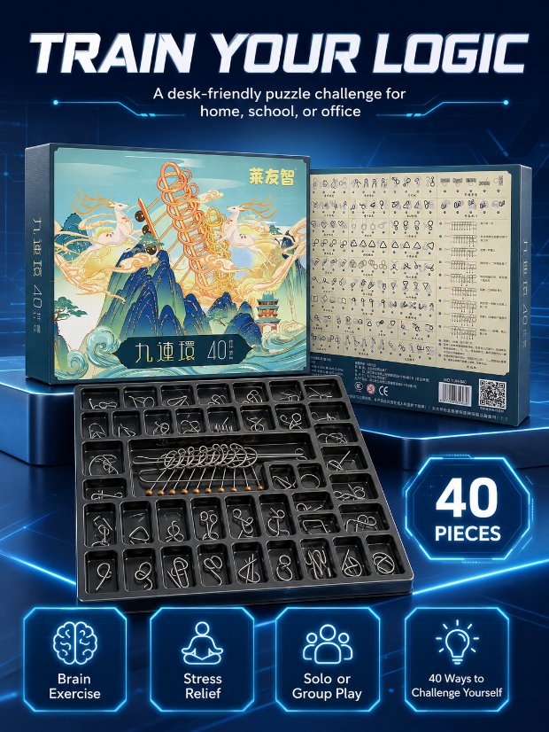Nine Linked Rings (China Ring) 40-Piece Chinese Ring Puzzle Brain Teaser Set Gift Box
