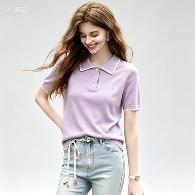 Women's Knitwear Women's Embroidered Ruffle Polo-Collar Knit Top