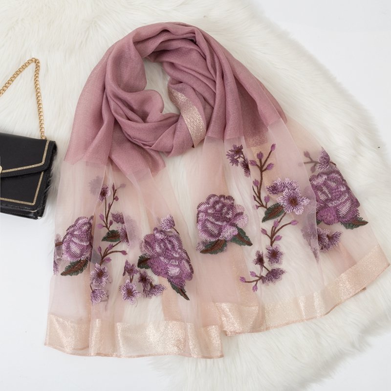 Embroidered Long Scarves Embroidered Faux Silk Peony Long Scarf and Shawl
