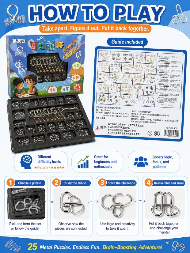 Nine Linked Rings (China Ring) 25-Piece Brain Teaser Metal Puzzle Set Gift Box