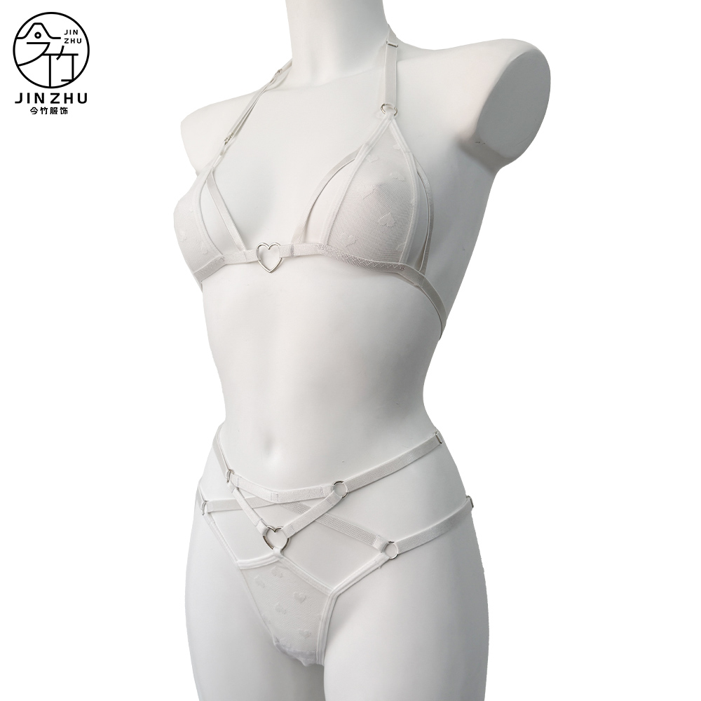 女士套装 Silver-Foiled Dot 2-Piece Set – Heart Ring Cross-Strap Bra & Brief Set