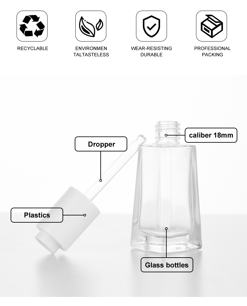 frasco cuentagotas 30ml Square Essential Oil Dropper Bottle for Serums