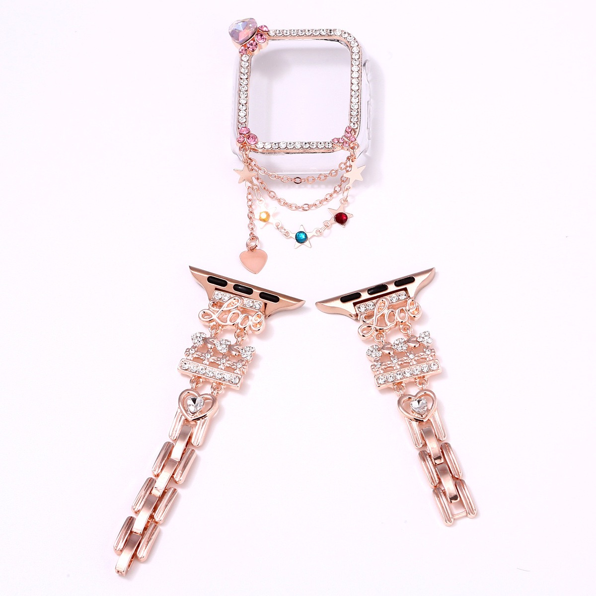 Alloy Watch Band Set Crown Heart Rhinestone Metal Strap + Case Set for Apple Watch All Series