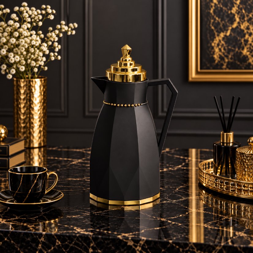 Kettle Geometric Faceted Vacuum Flask with Gold Tiered Lid, Thermal Carafe