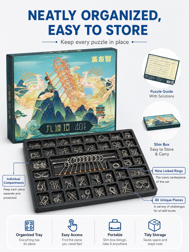 Nine Linked Rings (China Ring) 40-Piece Chinese Ring Puzzle Brain Teaser Set Gift Box