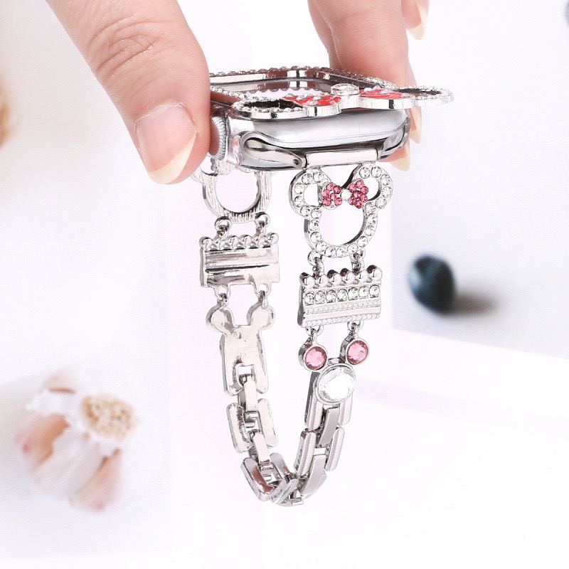 Alloy Watch Band Set Mickey & Minnie Rhinestone Metal Strap Set for Apple Watch All Series