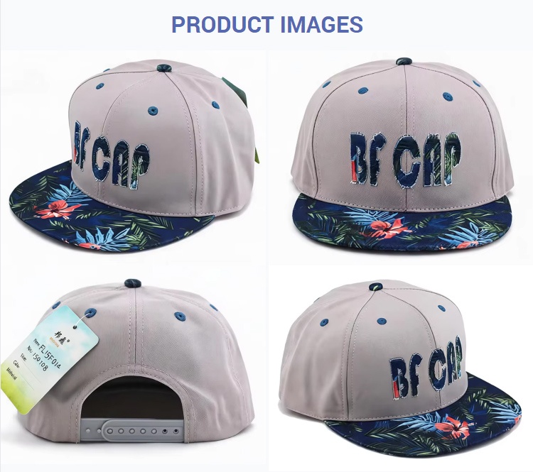 Flat Brim Caps Casual Light Grey BF CAP Embroidered Logo Flat Brim Baseball Cap Unisex Streetwear Navy Tropical Palm & Flower Print Brim Adjustable Snapback Hat