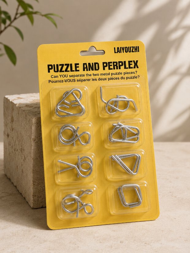 Puzzle Lock 8-Piece Yellow Suction Card Brain Teaser Metal Puzzles Set