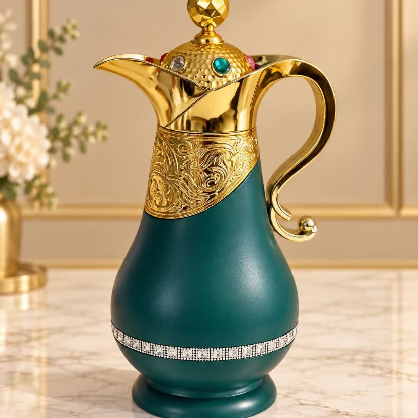 Kettle Ornate Gold Vacuum Flask with Gem Lid, Decorative Handle Thermal Carafe
