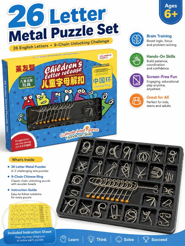 Nine Linked Rings (China Ring) 27-Piece Gift Box of Chinese Ring Puzzles & Letter Buckles