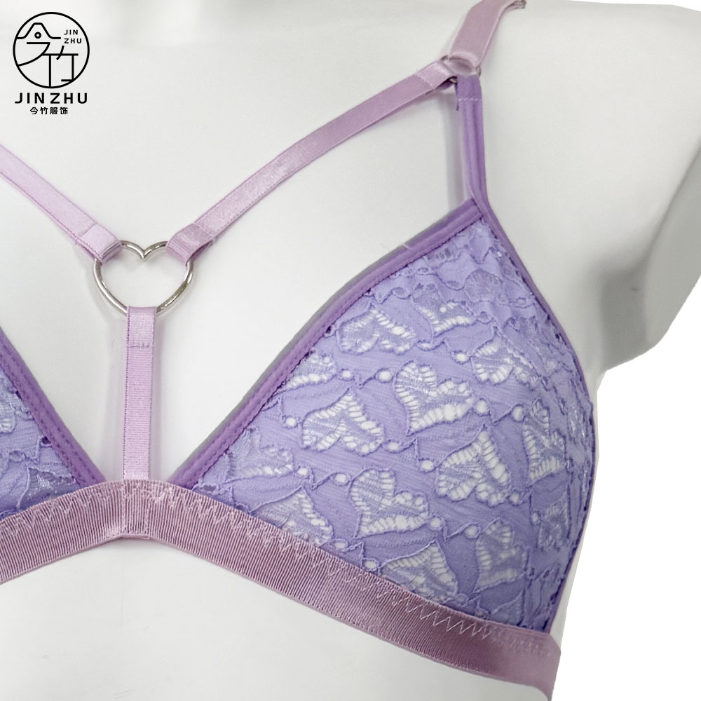 女士套装 Lavender Heart Lace 2-Piece Set – Heart Ring Cross-Strap Bra & Brief Set