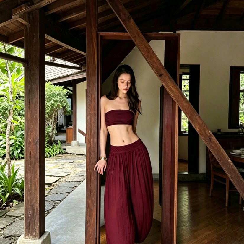 Two-Piece Sets 7132 Strapless Crop Top and Balloon-Leg Pants Set