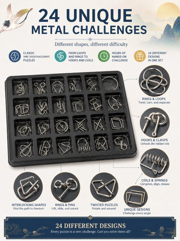 Puzzle Lock 24-Piece Metal Brain Teaser Puzzle Set Gift Box