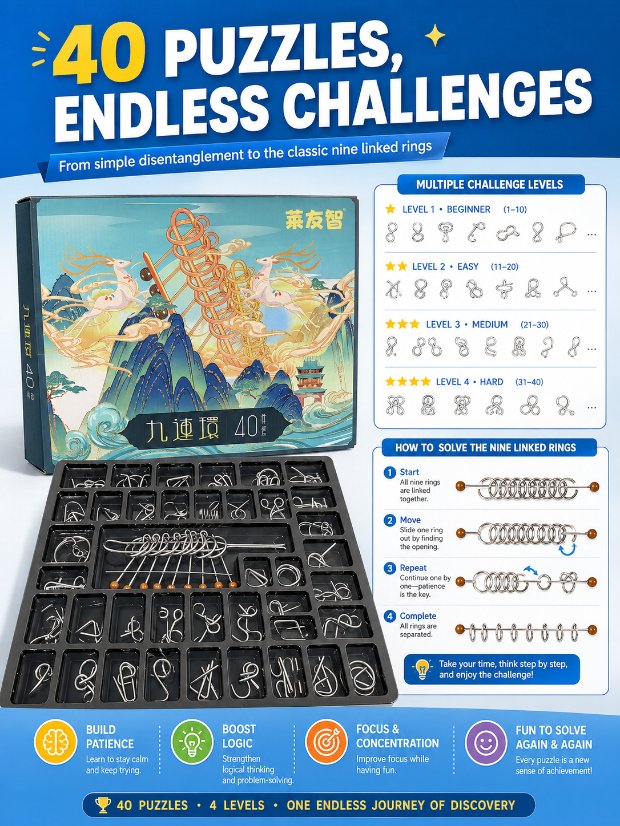 Nine Linked Rings (China Ring) 40-Piece Chinese Ring Puzzle Brain Teaser Set Gift Box