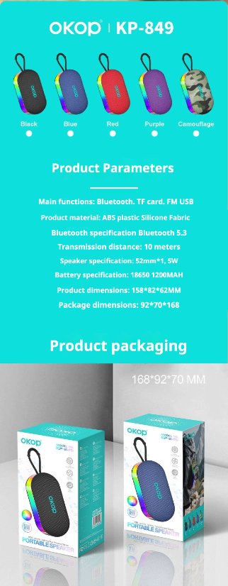 Portable Outdoor Bluetooth Speaker KP-849 Portable Wireless Bluetooth Speaker – Home, Outdoor, Waterproof, Car-Compatible; Hi-Fi Sound with Deep Bass