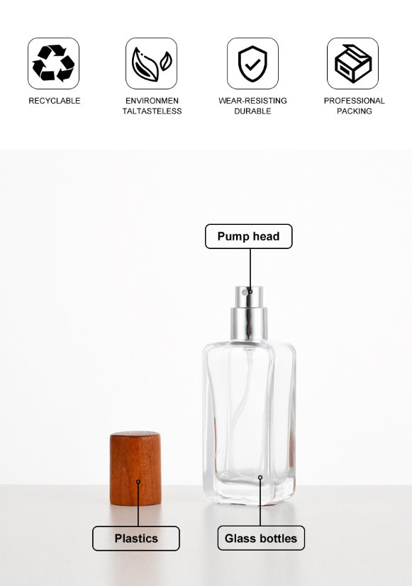 frasco de perfume 30ml Square Perfume Bottle with Wooden Cap – Spray Glass Bottle