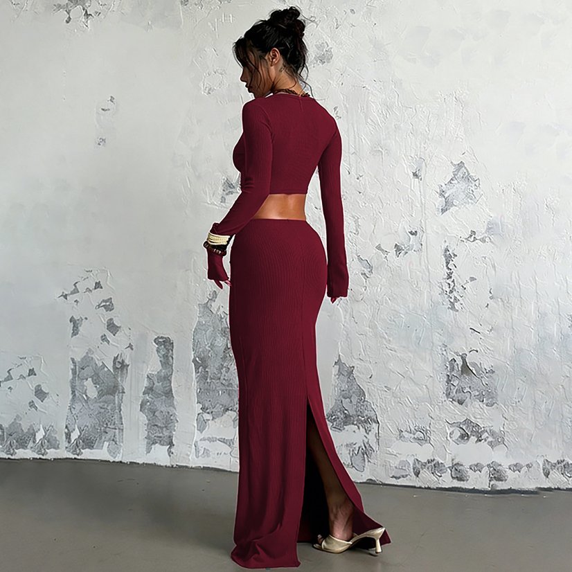 Two-Piece Sets 6798 Ribbed Square-Neck Crop Top and Fishtail Skirt Set