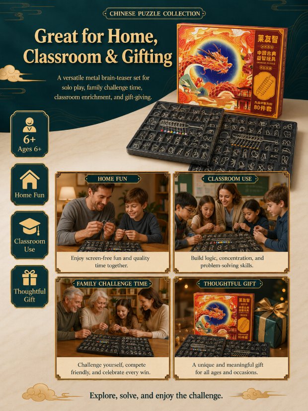 Nine Linked Rings （China Ring） 80-Piece Gift Set of Nine Linked Rings Brain Teaser Puzzles