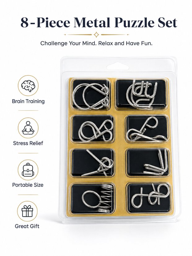 Puzzle Lock 8-Piece Set A of Brain Teaser Metal Puzzles with Blister Pack