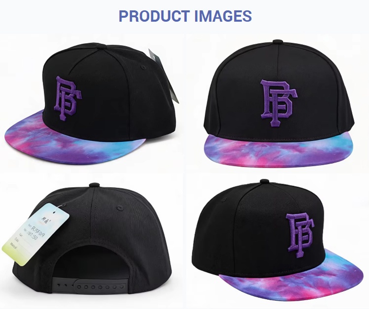 Flat Brim Caps Purple Blue Tie Dye Brim Adjustable Snapback Hat Hip Hop Street Style 3D Embroidered Black Flat Bill Cap