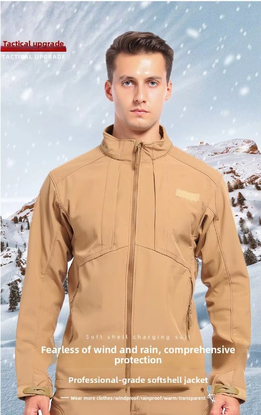 Hardshell Jacket Autumn/Winter Coated Sports Fleece Jacket – Relaxed Tactical Windproof Water-Resistant Warm Collar Outdoor Hiking Thickened Trekking Wear