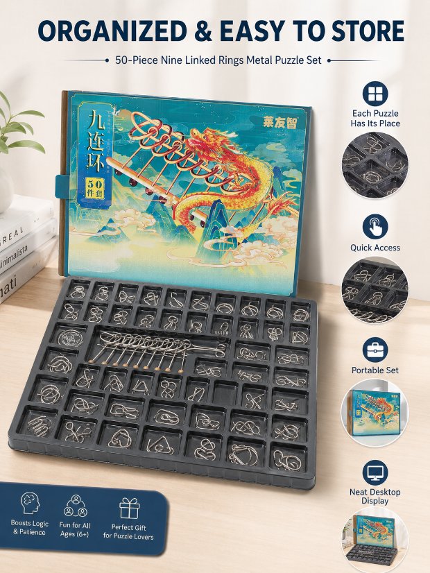 Nine Linked Rings （China Ring） 50-Piece Gift Set of Chinese Ring Puzzle Brain Teasers