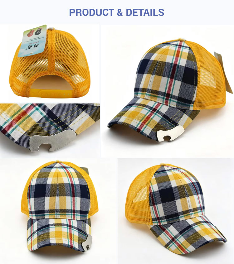Trucker Caps Fashion Cotton Black and White Plaid Front Trucker Hat Unisex Adjustable Mesh Baseball Cap with Built-in Bottle Opener