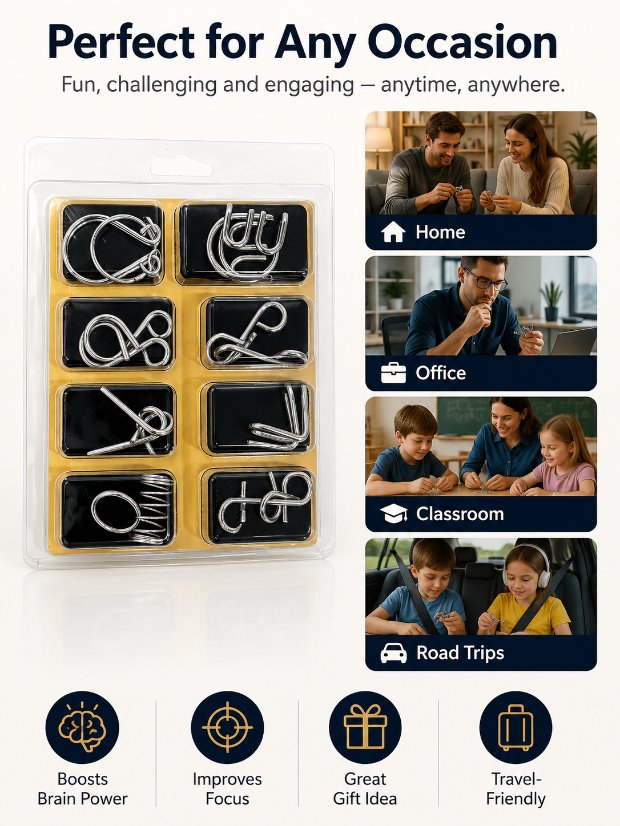 Puzzle Lock 8-Piece Set A of Brain Teaser Metal Puzzles with Blister Pack