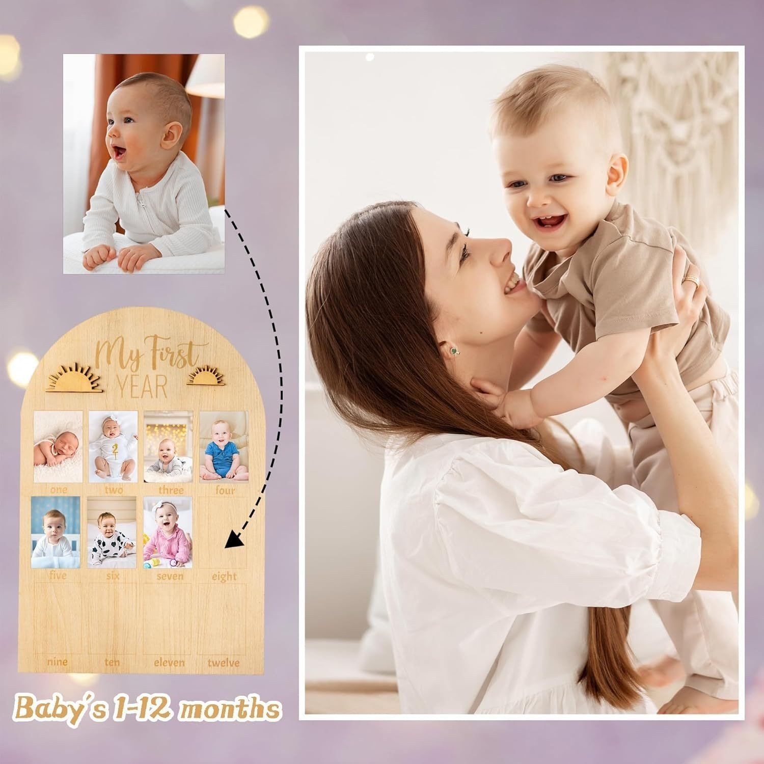 Infant Baptism Newborn First Year Milestone Photo Frame Wooden Baby Photo Display