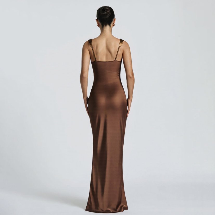 Evening Gowns 6709 Caramel Satin Square-Neck Mermaid Gown