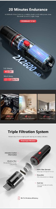 Car Vacuum Cleaner CARSUN Wireless Handheld Car Vacuum Cleaner, 3500PA Portable Mini Handheld Vacuum for Car Interior & Home Use