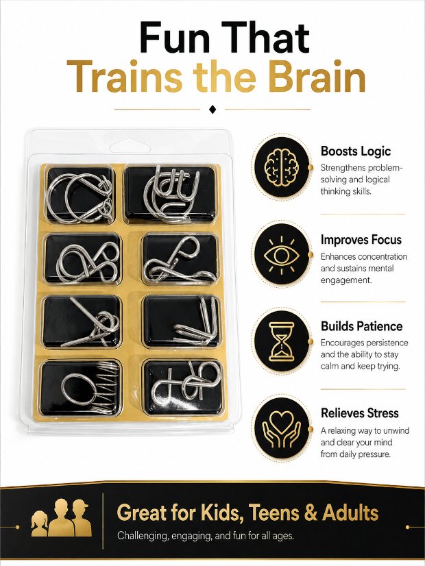 Puzzle Lock 8-Piece Set A of Brain Teaser Metal Puzzles with Blister Pack
