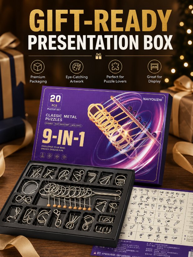 Nine Linked Rings (China Ring) 20-piece Gift Set of Chinese Ring Puzzle Brain Teasers