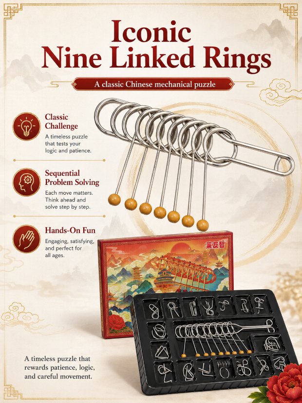 Nine Linked Rings (China Ring) 18-piece Gift Box Set of Chinese Ring Puzzle Brain Teasers