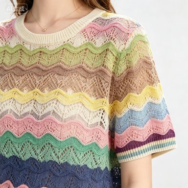 Women's Knitwear Women's Rainbow-Stripe Open-Knit Short-Sleeve Top