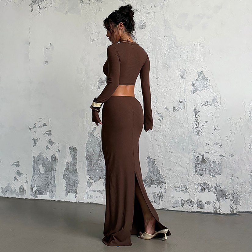 Two-Piece Sets 6798 Ribbed Square-Neck Crop Top and Fishtail Skirt Set