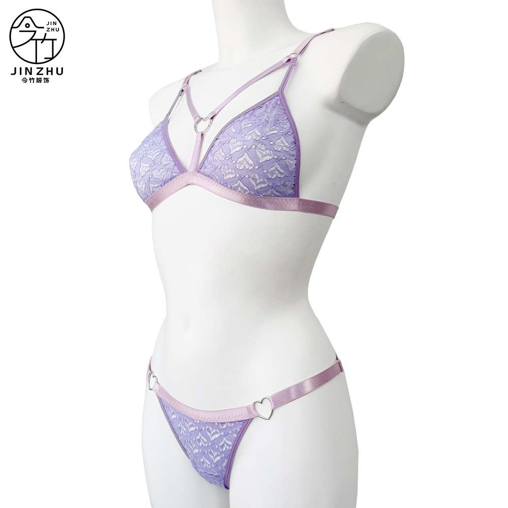 女士套装 Lavender Heart Lace 2-Piece Set – Heart Ring Cross-Strap Bra & Brief Set