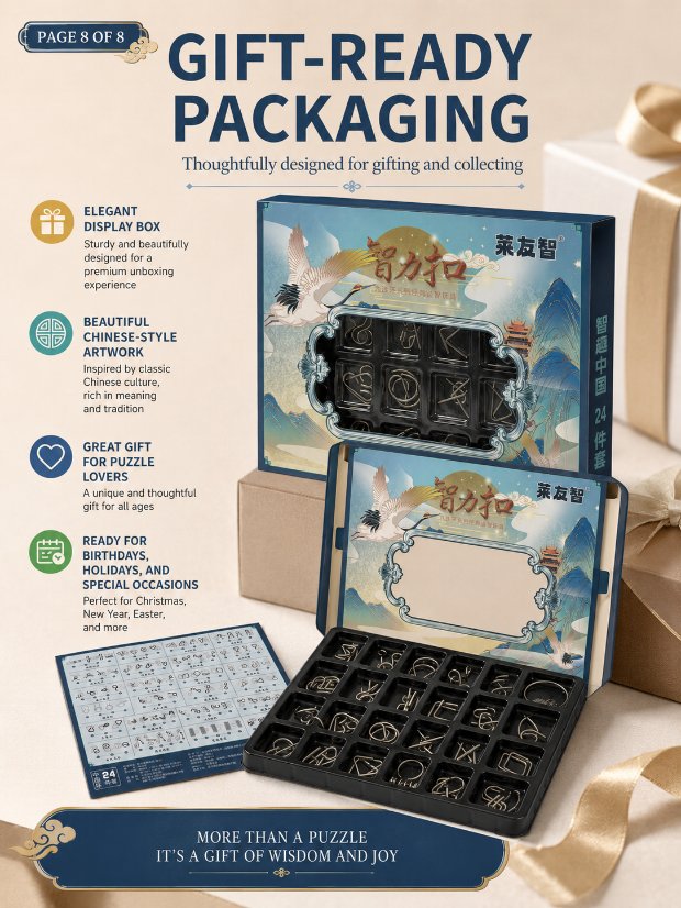 Puzzle Lock 24-Piece Metal Brain Teaser Puzzle Set Gift Box