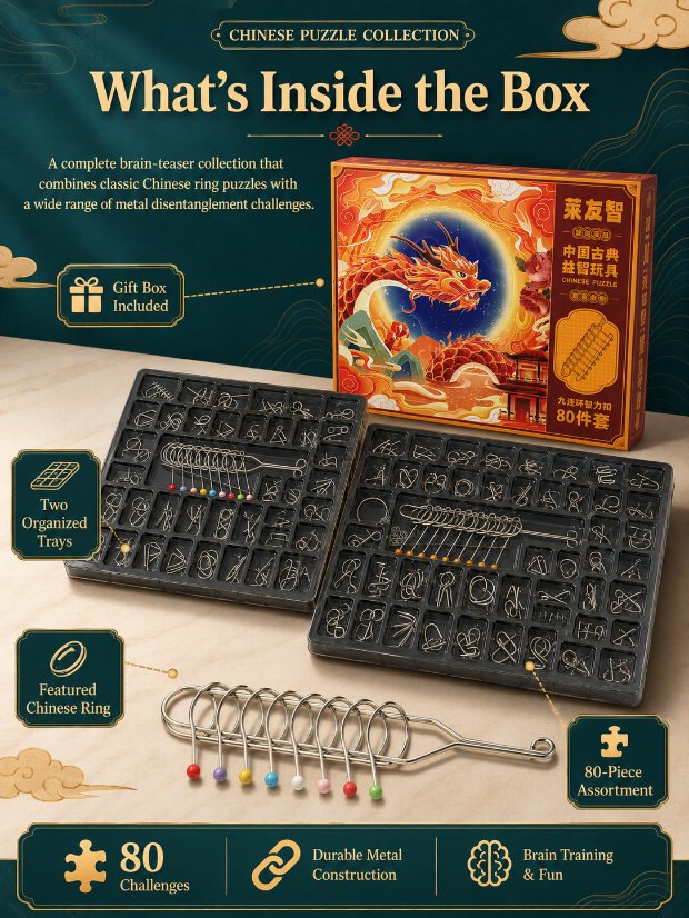 Nine Linked Rings （China Ring） 80-Piece Gift Set of Nine Linked Rings Brain Teaser Puzzles