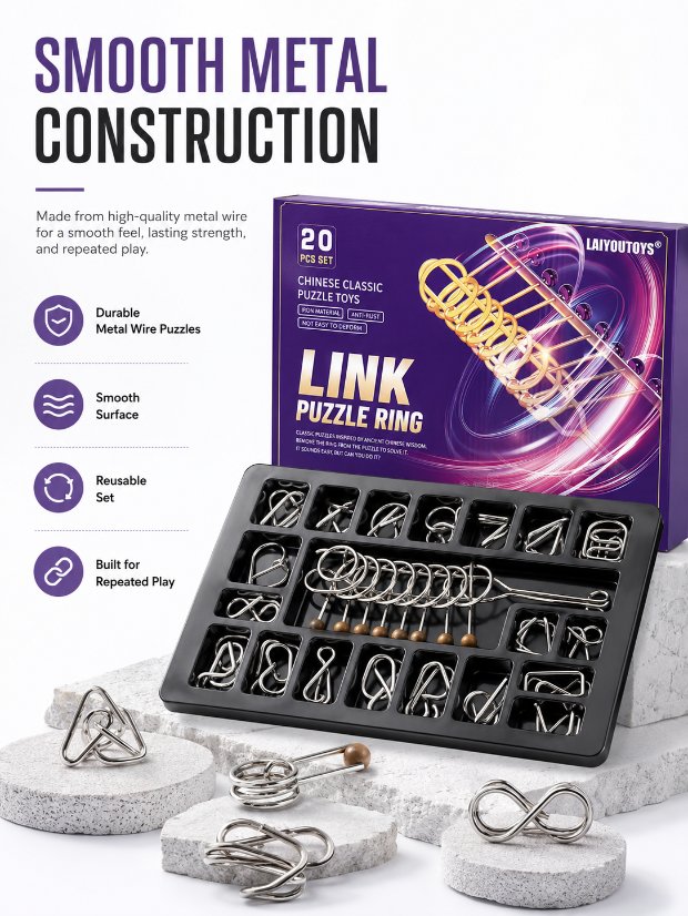 Nine Linked Rings (China Ring) 20-piece Gift Set of Chinese Ring Puzzle Brain Teasers