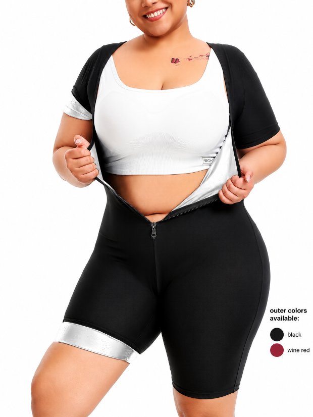 jumpsuit- 3 in 1 waist trimmer shaper Sauna Suit for Women Full Body Waist Trainer Short Sleeve Sweat Suit with Shorts Full Body Shaper