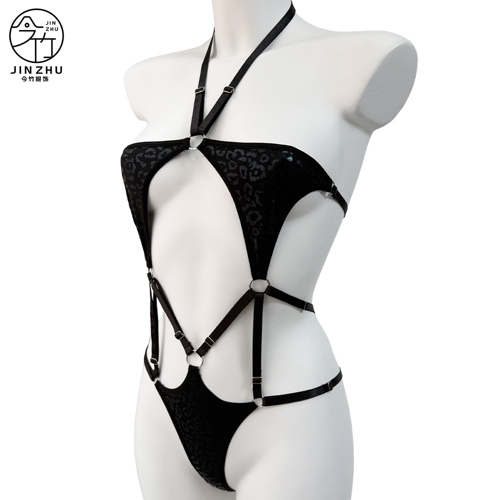 女士连体衣 Foiled Leopard Print Bodysuit Harness – Halter Cut-Out Lace-Up Lingerie