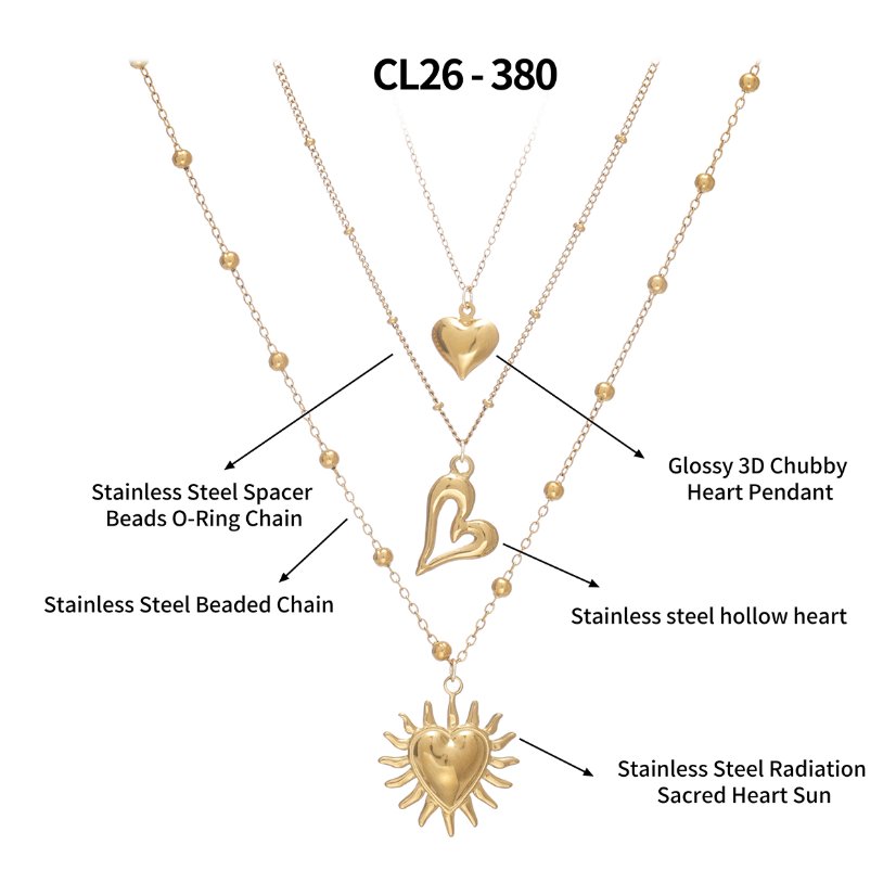 Stainless steel necklace 18K Gold Plated Multi Layer Necklace, Sun & Heart Pendant Stacked Necklace