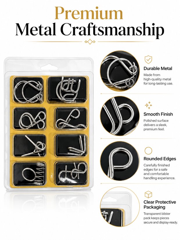 Puzzle Lock 8-Piece Set A of Brain Teaser Metal Puzzles with Blister Pack