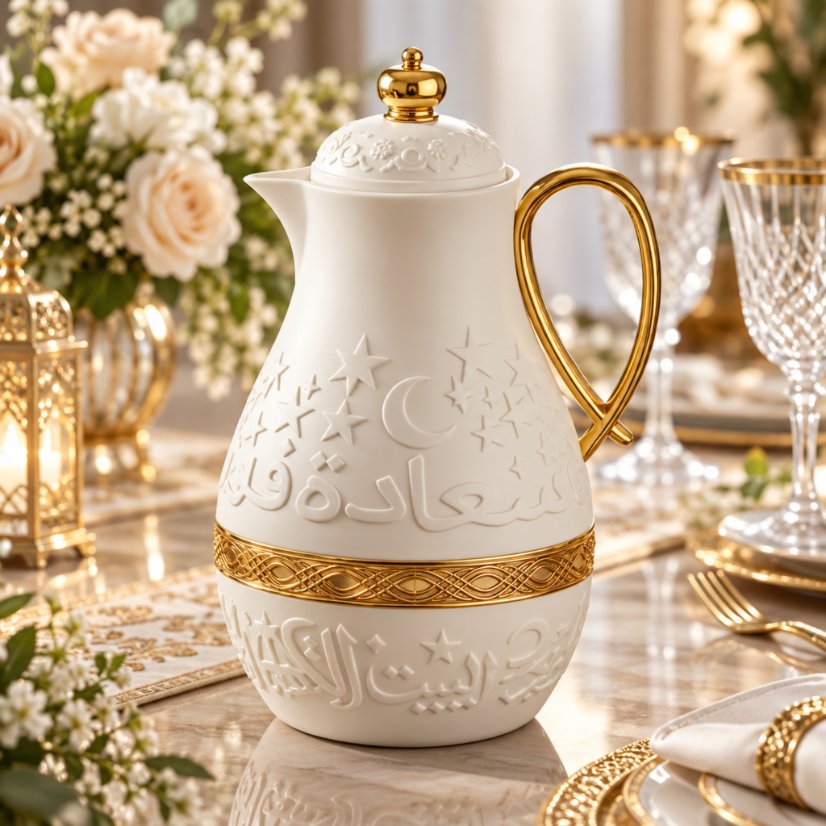 Kettle Arabian Vacuum Flask with Star & Crescent Emboss, Gold Handle Gem Lid