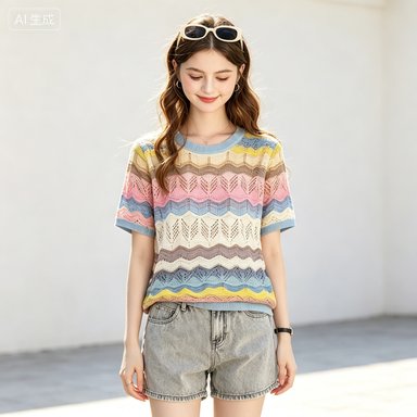Women's Knitwear Women's Rainbow-Stripe Open-Knit Short-Sleeve Top