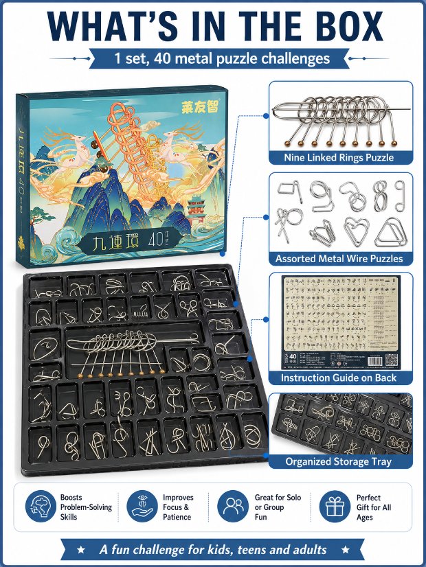 Nine Linked Rings (China Ring) 40-Piece Chinese Ring Puzzle Brain Teaser Set Gift Box