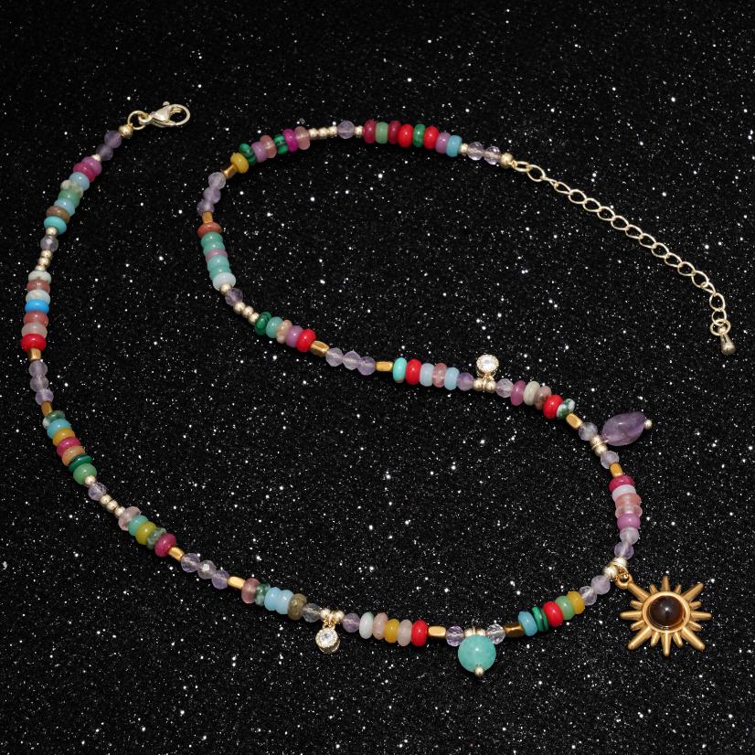 Stainless steel necklace Boho Natural Mixed Stone Sun Pendant Choker Necklace