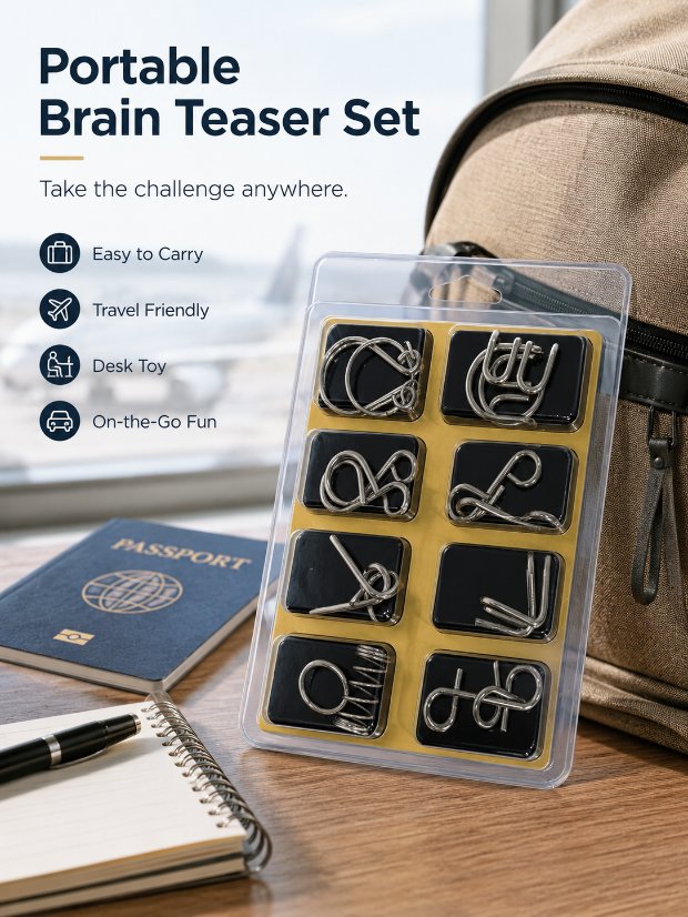 Puzzle Lock 8-Piece Set A of Brain Teaser Metal Puzzles with Blister Pack