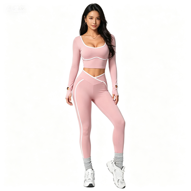 Yoga & Activewear Women's Contrast-Trim U-Neck Long-Sleeve Yoga Set